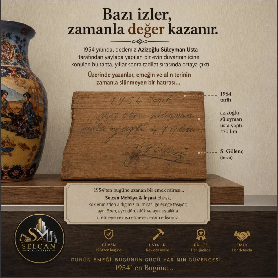 Azizoğlu Süleyman Usta'nın 1954 yılında bir yayla evinin duvarına bıraktığı, aile tarihini taşıyan ahşap hatıra